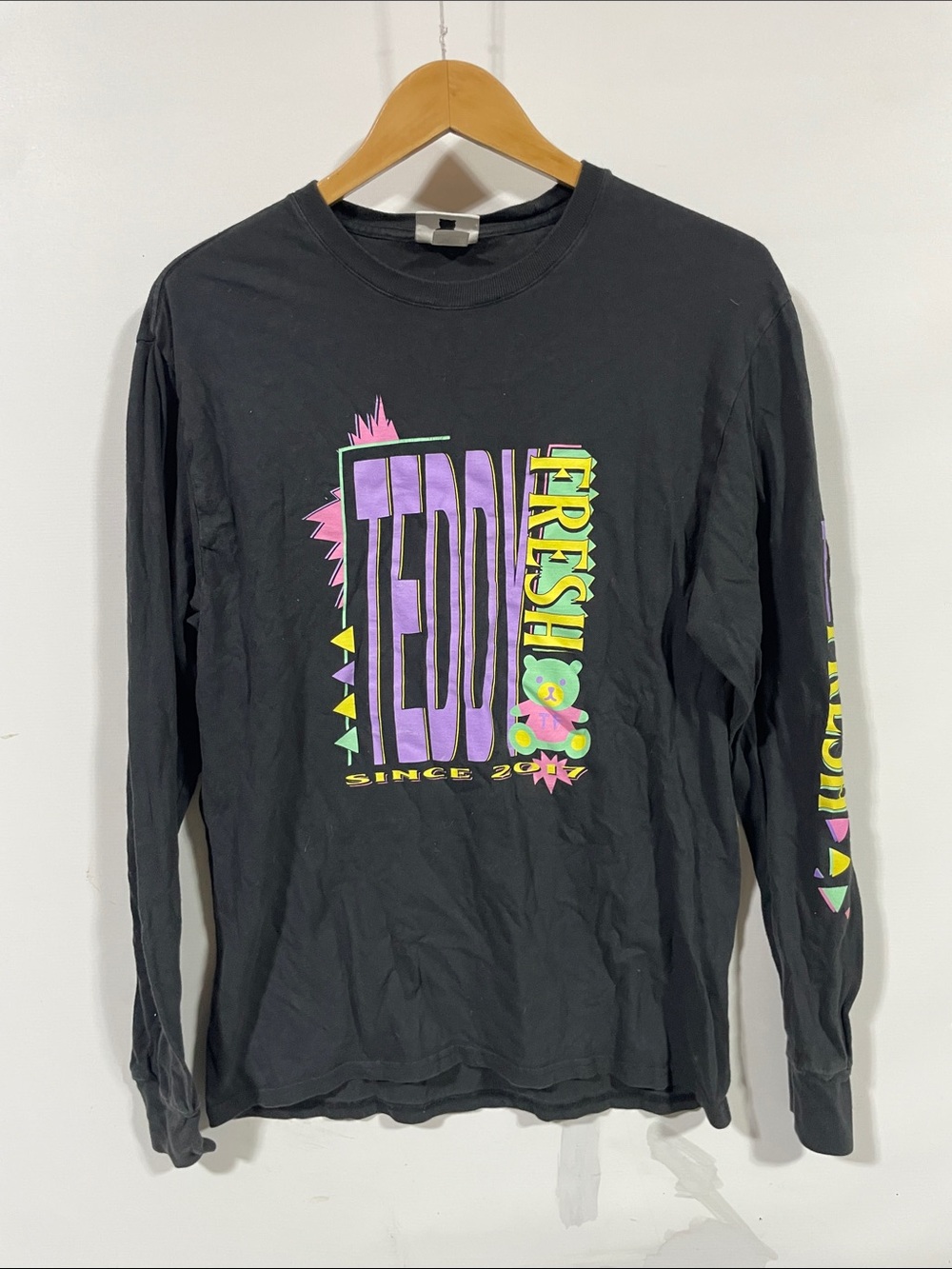 Teddy Fresh Black Long Sleeve Tee with Purple & Yellow Graphic